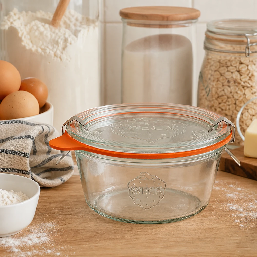 290ml Krossade glasögon låg komplett WECK RR100 WECK Sturzglas 290ml RR100 in moderner Küche mit Backzutaten zeigt praktische Aufbewahrung und edles Design