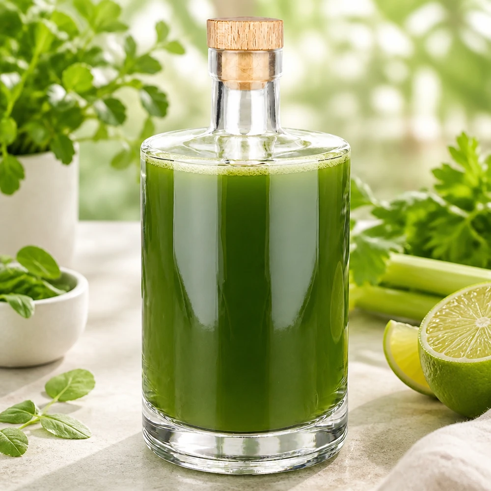 700 ml glasflaska Marie med träkork UNiTWIST® 700ml Glasflasche Marie mit grünem Smoothie befüllt neben frischen Kräutern und Limetten in heller Küche
