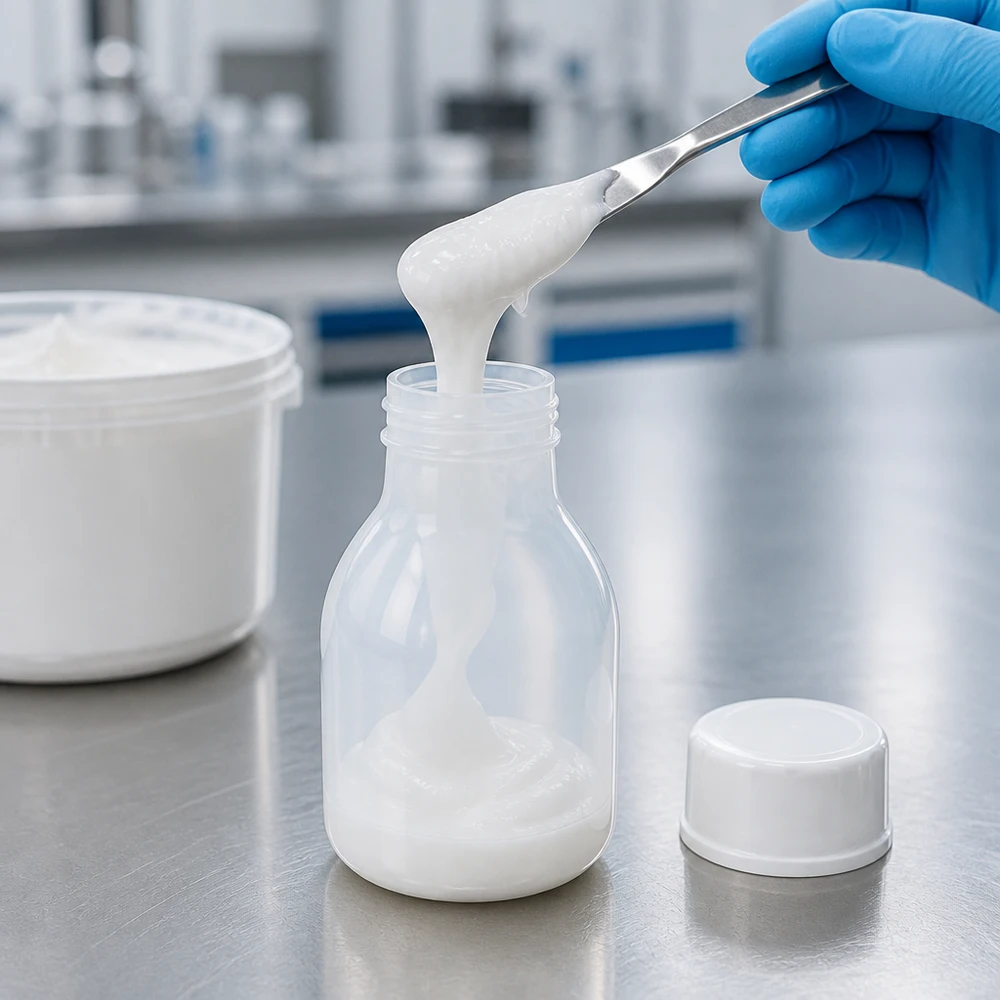 En hand i handske fyller en krämig vit substans med en spatel i en 20 ml PE-flaska med smalt hals och skruvlock