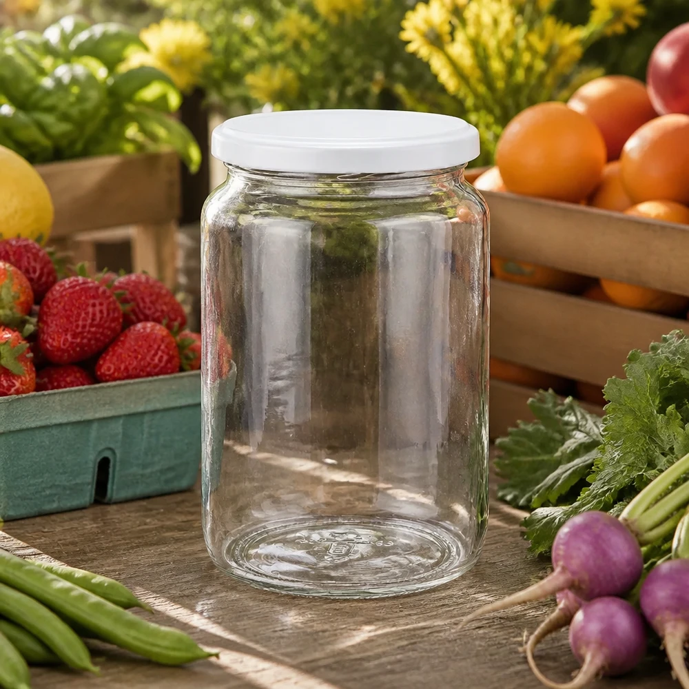 795 ml rund burk med BasicSeal-lock vit UNiTWIST Klares 795ml Rundglas mit weißem Deckel inmitten von frischem Obst und Gemüse - perfekt für Marmelade und Eingemachtes
