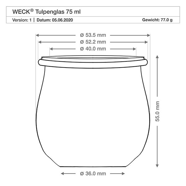 75ml tulpanburk WECK RR40 med kork naturell Teknisk ritning WECK tulpanburk 75ml RR40 med mått Diameter Höjd Vikt Produktspecifikation