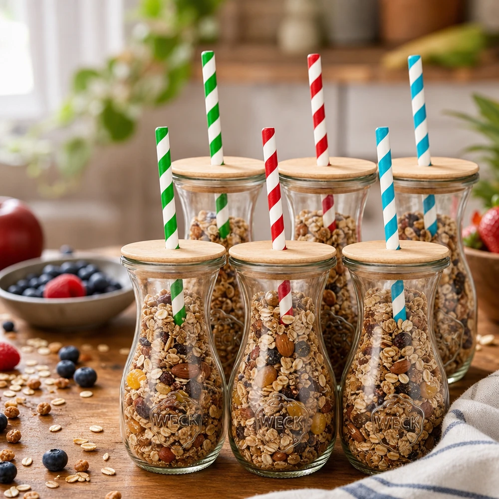 6 x WECK 290 ml juiceflaska RR60 med trälock och 100 eco S WECK juiceflaskor 290ml fyllda med müsli nötter som förvaringsburkar trälock färgglada papperssugrör köksdekoration