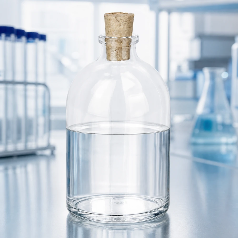 Klarglasflaska 100ml med kork 11/14mm Handliche Glasflasche 100ml Korkverschluss auf Edelstahloberfläche in professioneller Laborumgebung