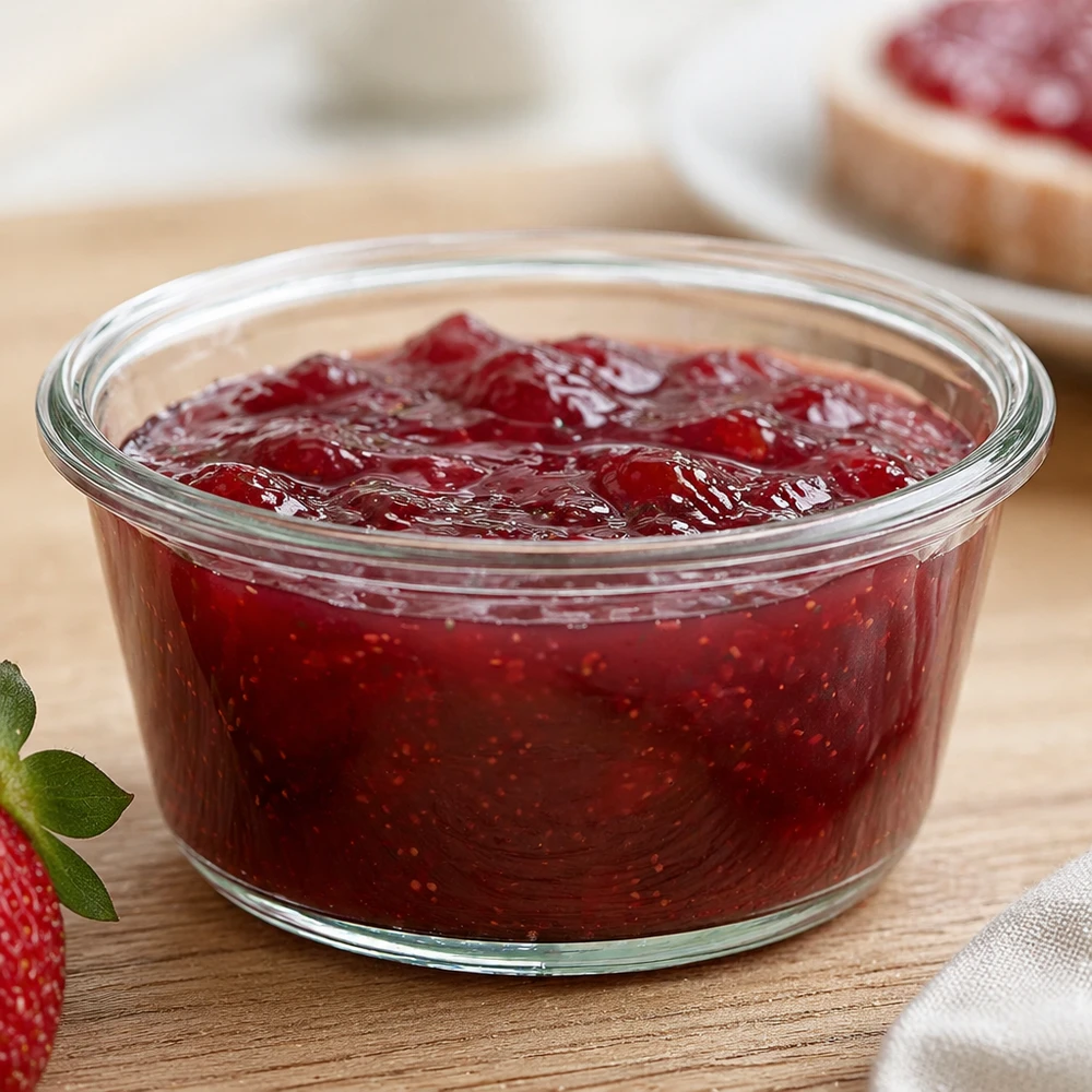 290 ml gourmetburk WECK RR100 WECK RR100 290 ml gourmetburk fylld med jordgubbssylt på köksbräda bredvid jordgubbar och bröd med sylt