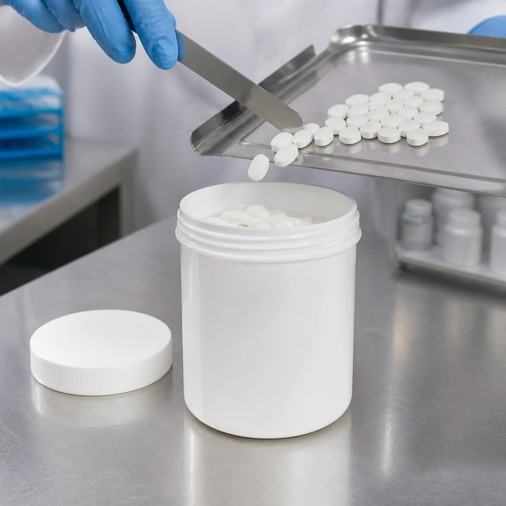Salvburk 200g vit med vitt skruvlock (polypropylen) Tablettfyllning enligt farmaceutiska krav i vita 200 g PP-salvburkar med bred öppning och skruvlock