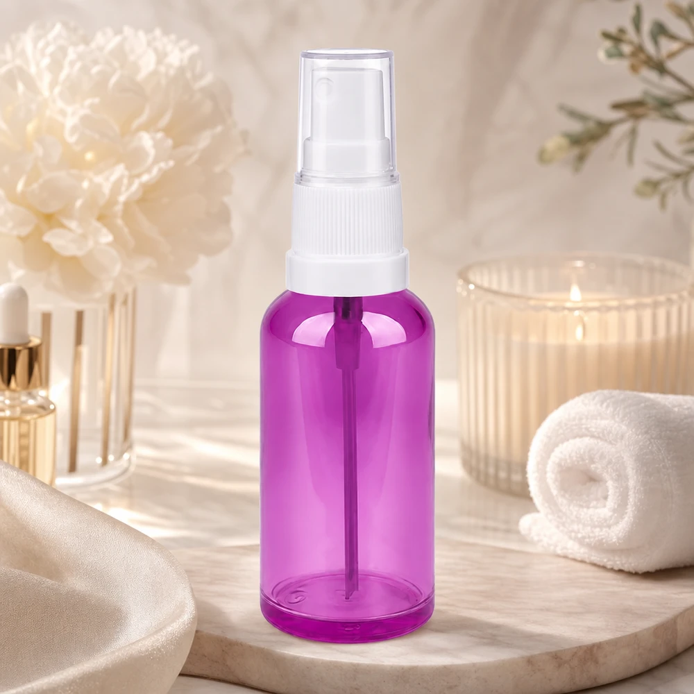 50ml sprayflaska vit/transparent Standard PurpleLine UT18/50 50 ml pumpsprayflaska STD-gänga transparent lila för ansiktsvatten och toner