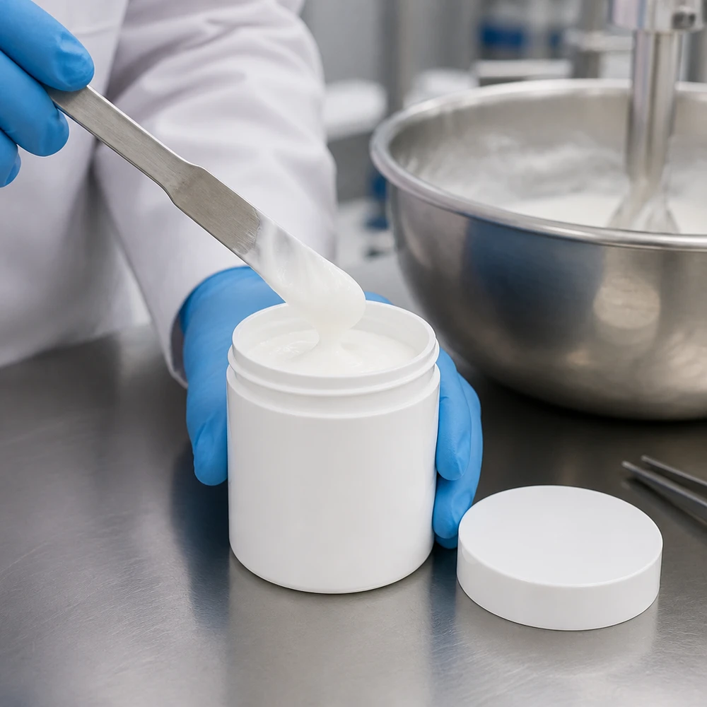 Salvburk 250g vit med vitt skruvlock (polypropylen) Rund salvorburk på 250 g i vitt med platt skruvlock av PP-plast