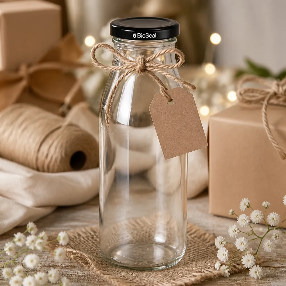 500 ml glasflaska dekorerad med jutesnöre och presentlapp som en presentidé tillsammans med hantverksmaterial