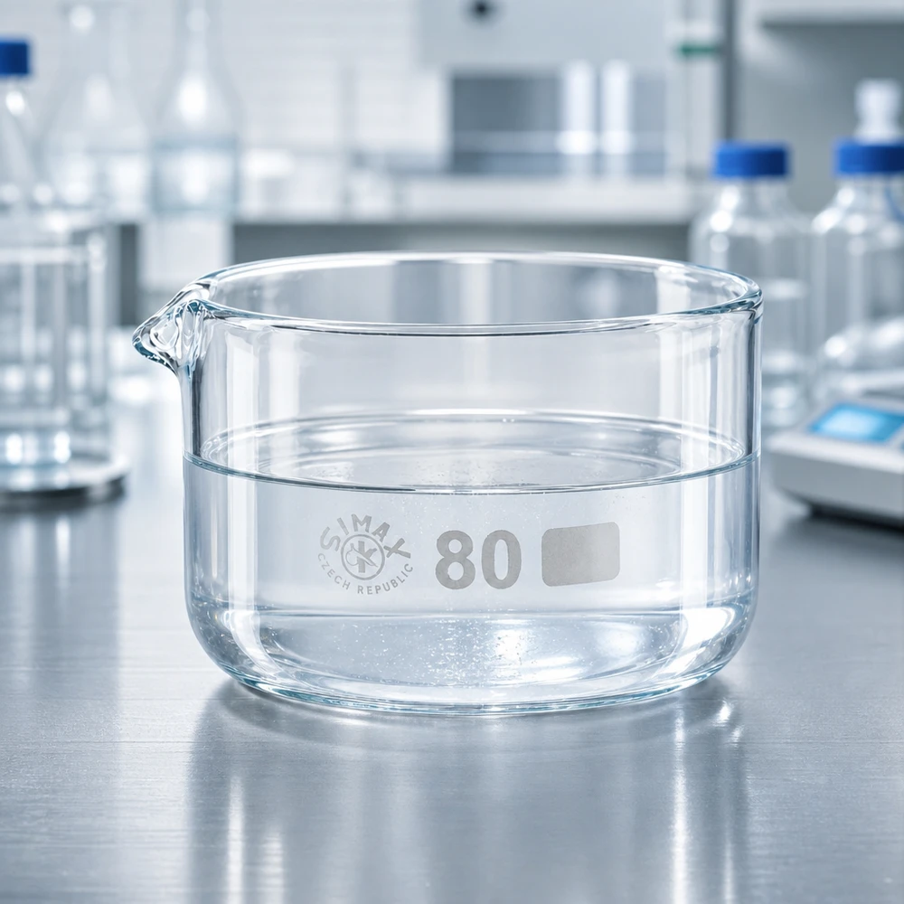 150ml kristalliseringsskål med pip borosilikat ø80mm Låg, cylindrisk kristalliseringsskål på 150 ml med pip på en yta av rostfritt stål i laboratoriet