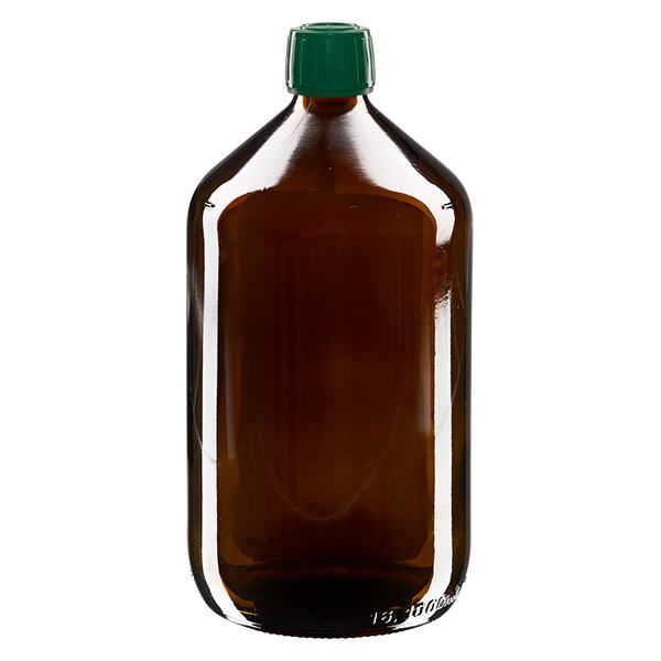 1000 ml medicinflaska brun, grönt lock med säkerhetsring ApoGlas 1000 ml medicinflaska brun, grönt lock med säkerhetsring ApoGlas