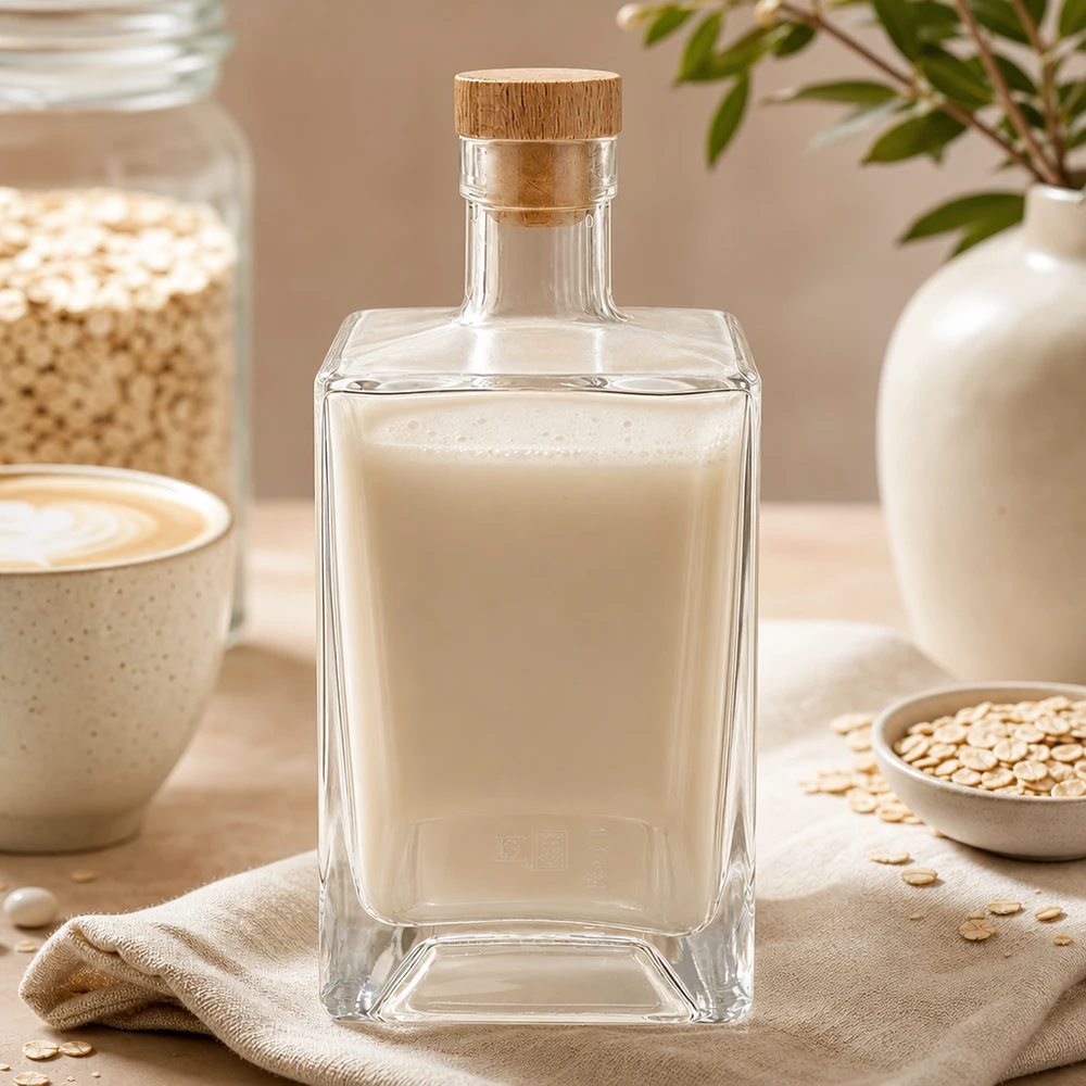 700 ml glasflaska Ben med kork med trähandtag UNiTWIST® 700 ml glasflaska Ben fylld med havremjölk bredvid havreflingor och kaffekopp naturligt kökslandskap UNiTWIST