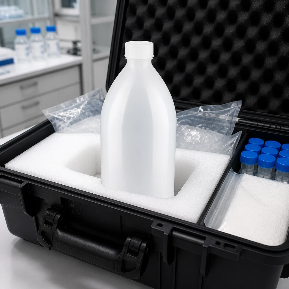 Probenahmekoffer mit 1000ml Enghals Schraubflasche und Probengefäßen für Außeneinsatz