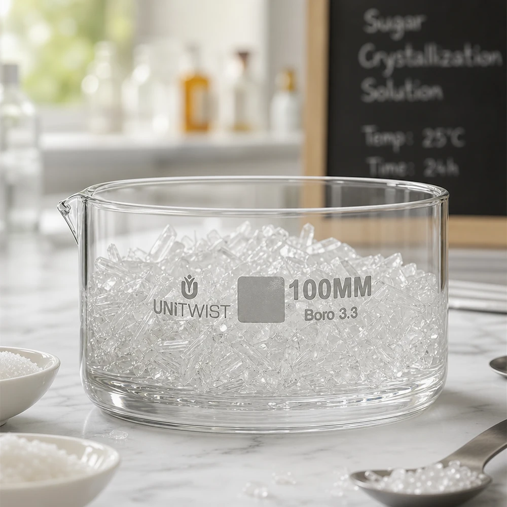 Kristallisationskärl ø100 mm, borosilikatglas UNiTWIST Kristallisationsskål 100 mm med sockerkristaller, borosilikatglas, UNiTWIST laboratorieskål för kristallisation