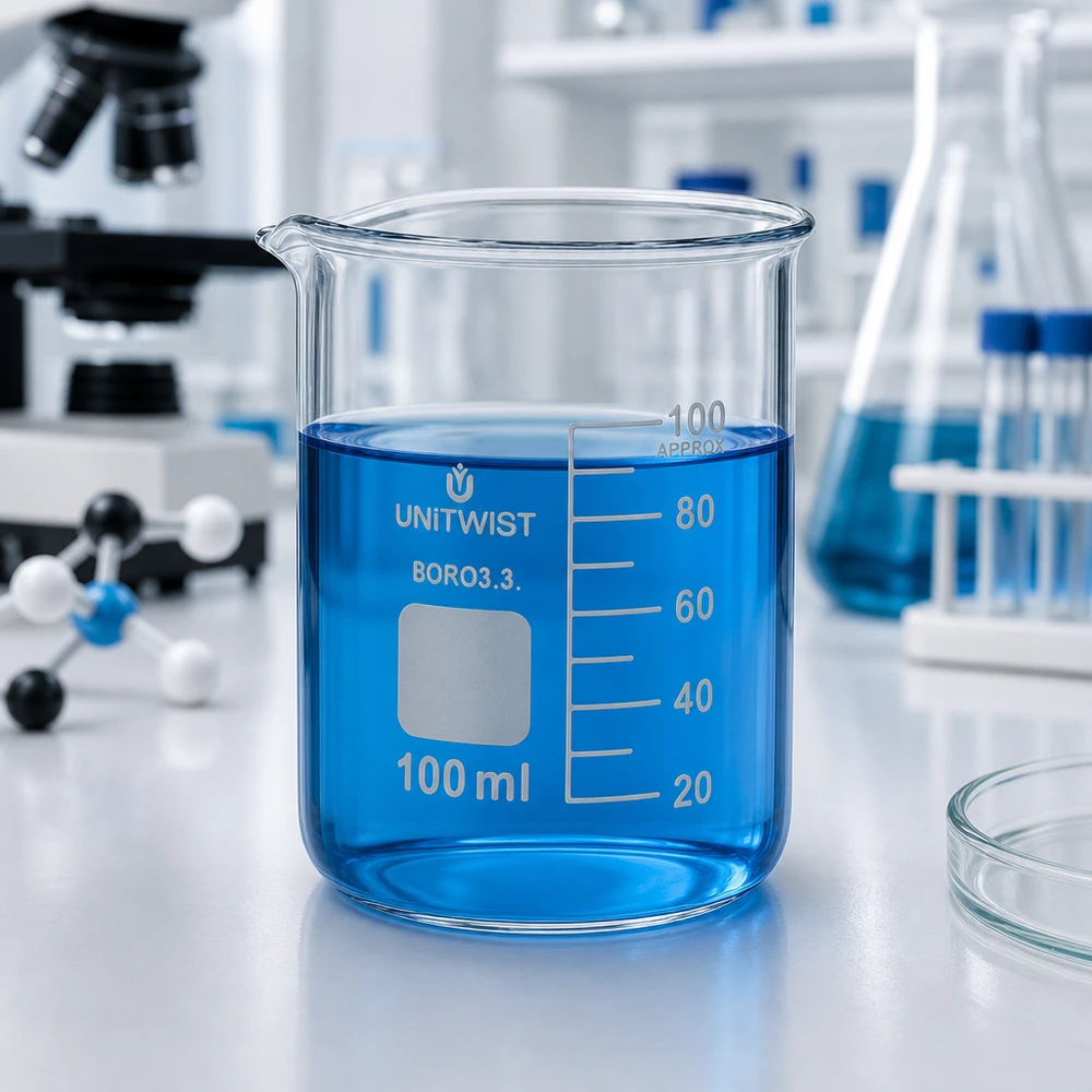 Bägare 100ml borosilikat, lågformad UNiTWIST UNiTWIST bägare, 100 ml, borosilikatglas, låg form, med blå vätska i laboratoriet