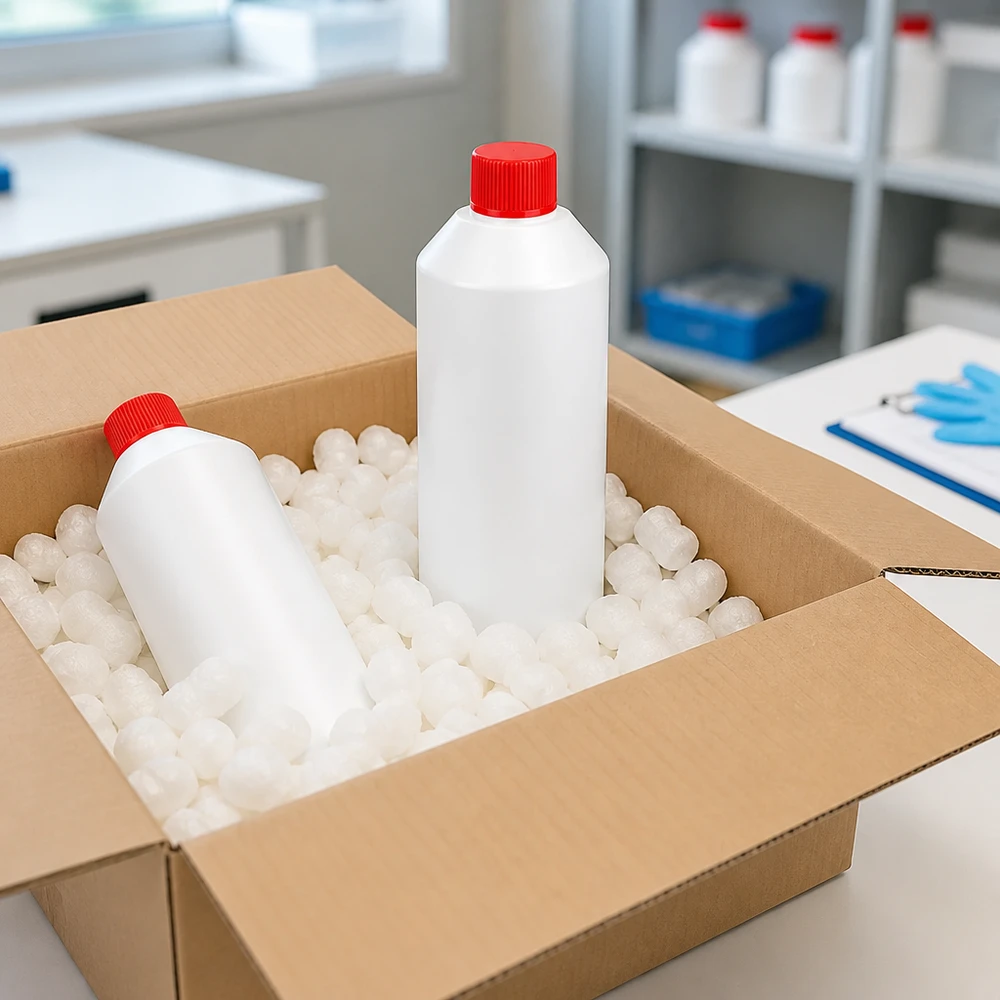 HDPE-apotekflaska, 250 ml, vit med rött säkerhetslock, säkert förpackad i kartong
