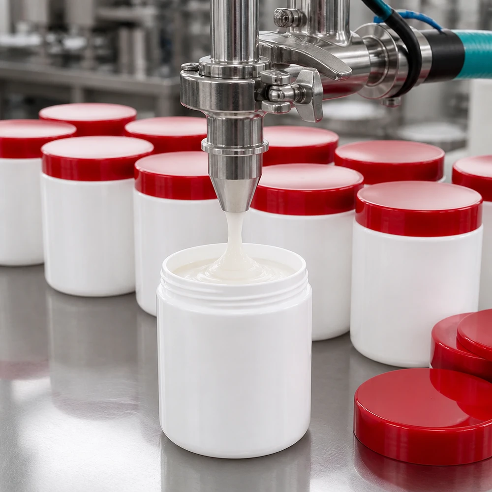 Salvburk 20g vit med rött skruvlock (polypropylen) Automatisk fyllning av vita PP-salvburkar på 20 g med röda skruvlock på produktionsanläggningen