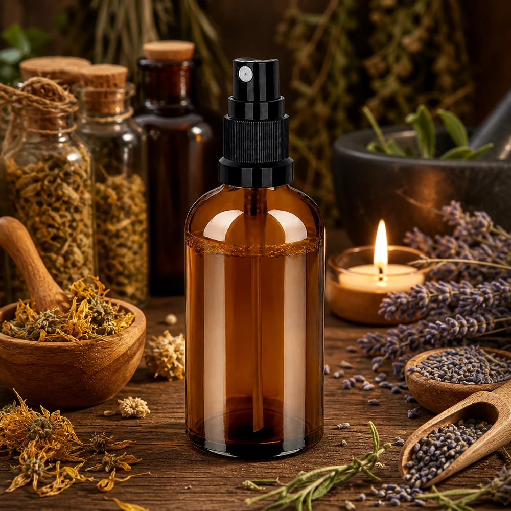 100ml Sprayflaska svart standardlock BrownLine UT18/100 Högkvalitativ 100 ml bärnstensfärgad glasflaska med STD BrownLine spraypump för naturkosmetiska produkter