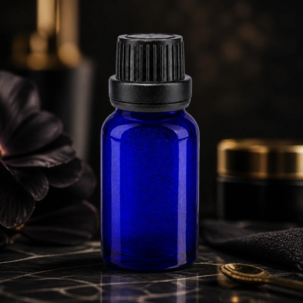 Apoteksflaska blå 10ml dropplock hällring 2mm svart manipuleringssäkert lock Mörkblå 10 ml apoteksflaska med barnsäker droppkork och svart äkthetsring
