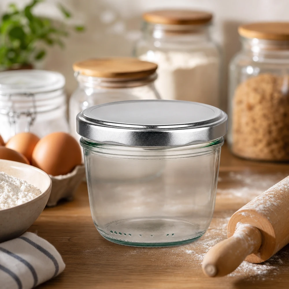 230 ml muggar silver BasicSeal lock i bagerimiljö med mjöl ägg kavel bakning ingredienser köksmiljö