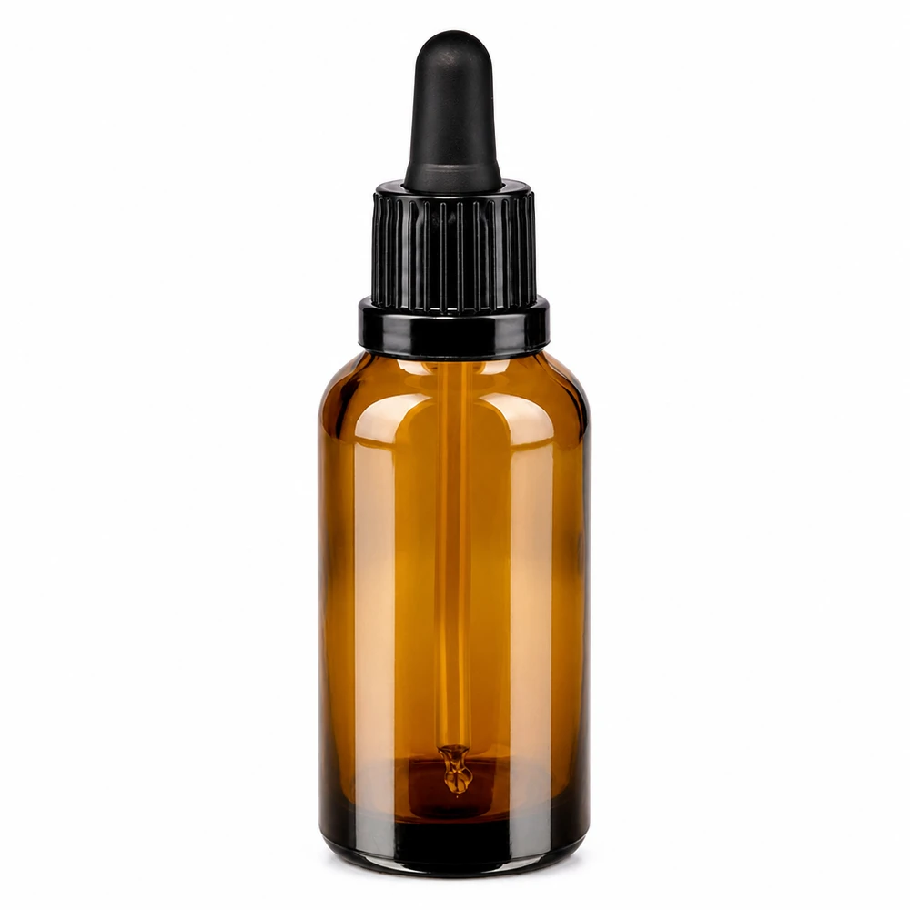 30 ml pipettflaska svart med tamperförslutning BrownLine UT18/30 30 ml pipettflaska i bärnstensfärgat glas med svart lock för eteriska oljor och serum