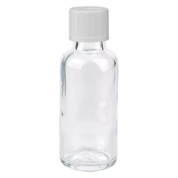 Apoteksflaska klar 30ml skruvkork vit barnsäker standard Apoteksflaska klar 30ml skruvkork vit barnsäker standard