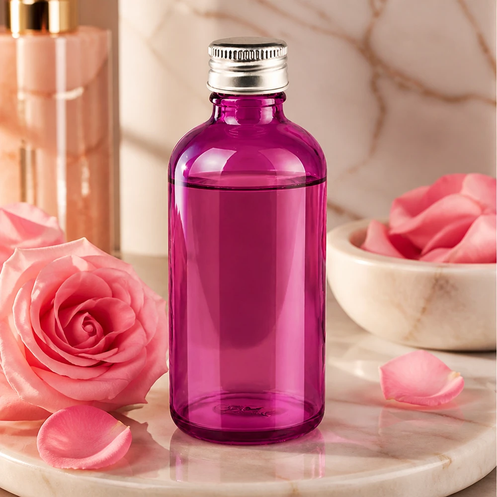 Högkvalitativ 100 ml glasflaska i lila för kosmetiska produkter med robust aluminiumlock