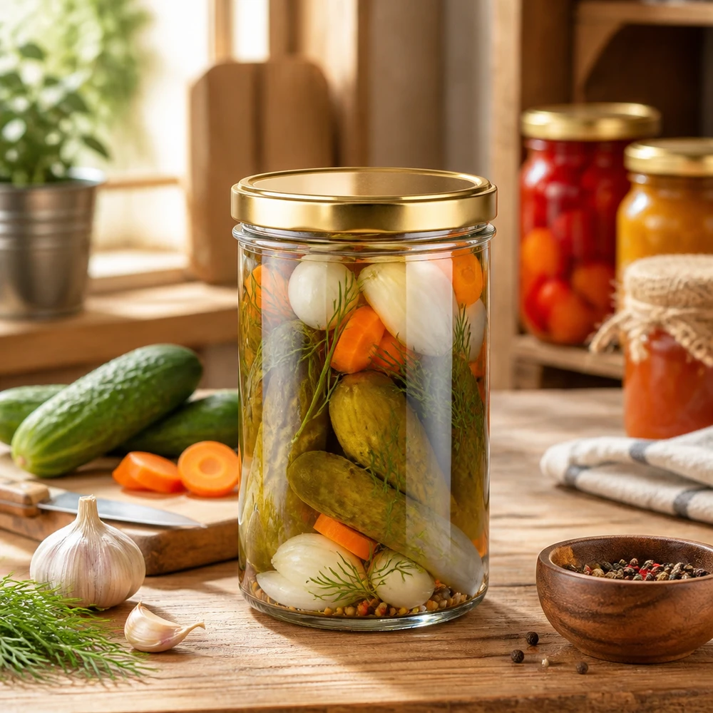 277ml guldburk med inlagda grönsaker gurkor morötter dill som en konserveringsburk för konserver och pickles