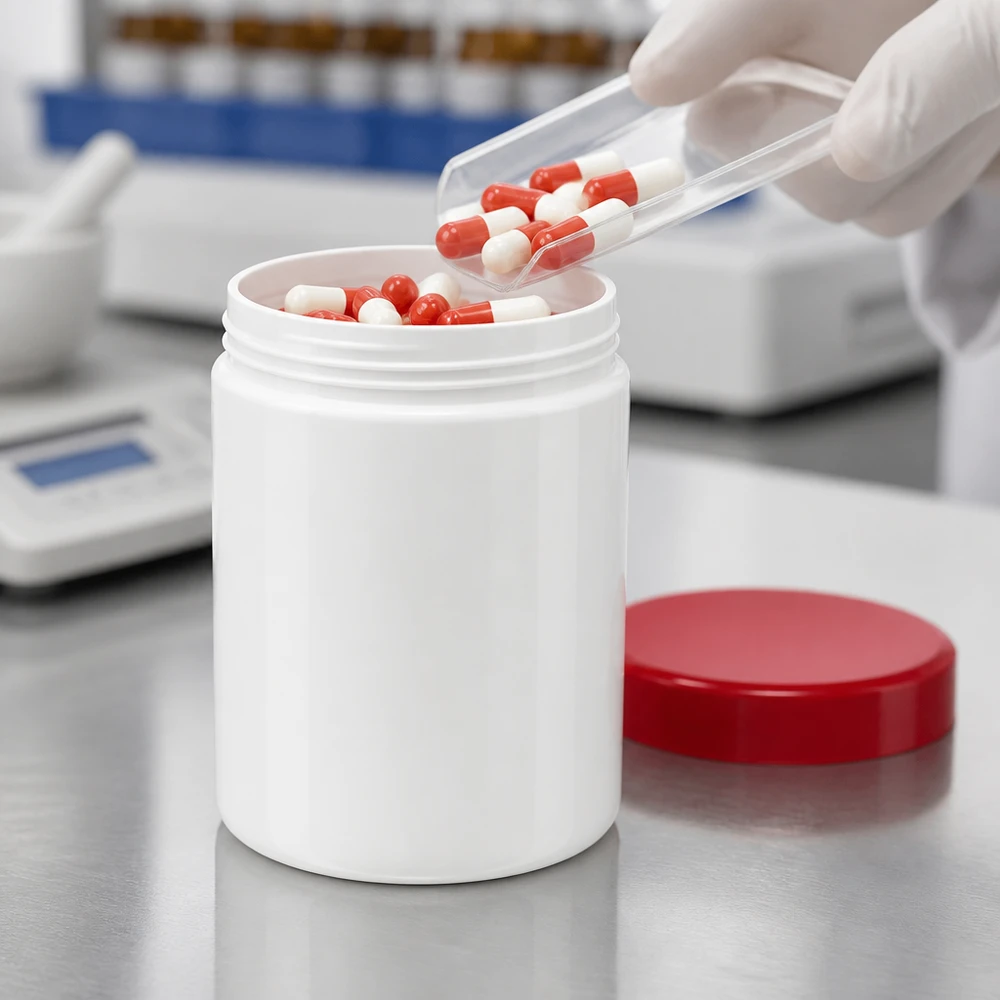 Stor salvorburk 800 g, vit PP-plast, rött skruvlock, kapselpåfyllning, farmaceutisk användning