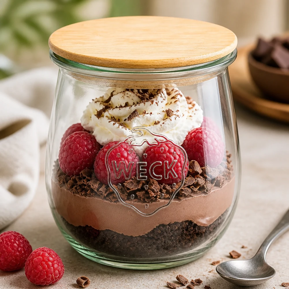 220ml tulpanburk WECK RR60 med trälock WECK tulpanburk 220ml RR60 med trälock som dessertburk - Chokladmousse med hallon och grädde i en konserveringsburk
