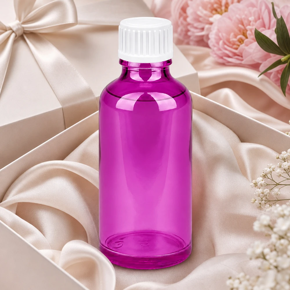 50ml (globule) flaska 3mm hällring vit Standard PurpleLine. UT18/50 50 ml violett apoteksflaska tillverkad av högkvalitativt glas med exakt 18 mm skruvgänga