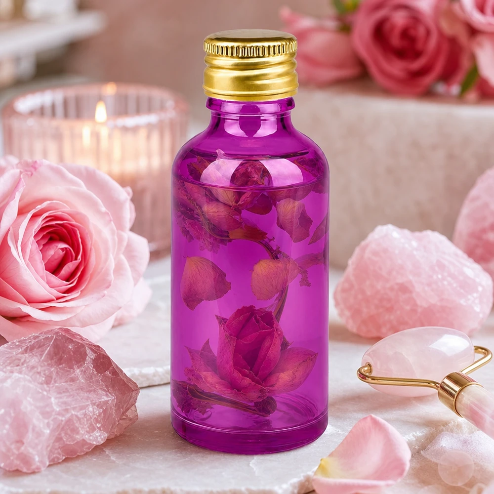 50ml flaska 11mm skruvkork aluminium guld standard PurpleLine. UT18/50 50 ml apoteksflaska violett med 11 mm guldlock idealisk för serum och essenser