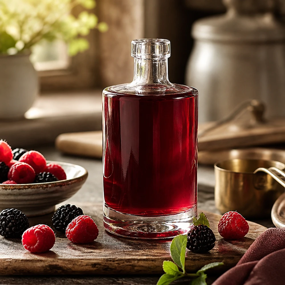 350 ml glasflaska Marie utan lock UNiTWIST® 350ml Glasflasche Marie mit rotem Beerensaft befüllt umgeben von frischen Himbeeren und Brombeeren rustikale Küche Bild