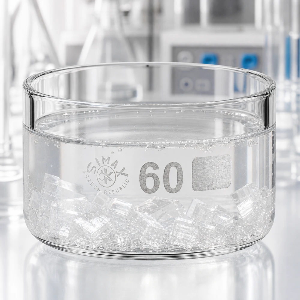 60ml kristalliseringsskål utan pip borosilikat ø60mm Genomskinlig kristalliseringsskål för laboratoriebruk, 60 ml, med isbitar och vattenbubblor i ett vetenskapslaboratorium