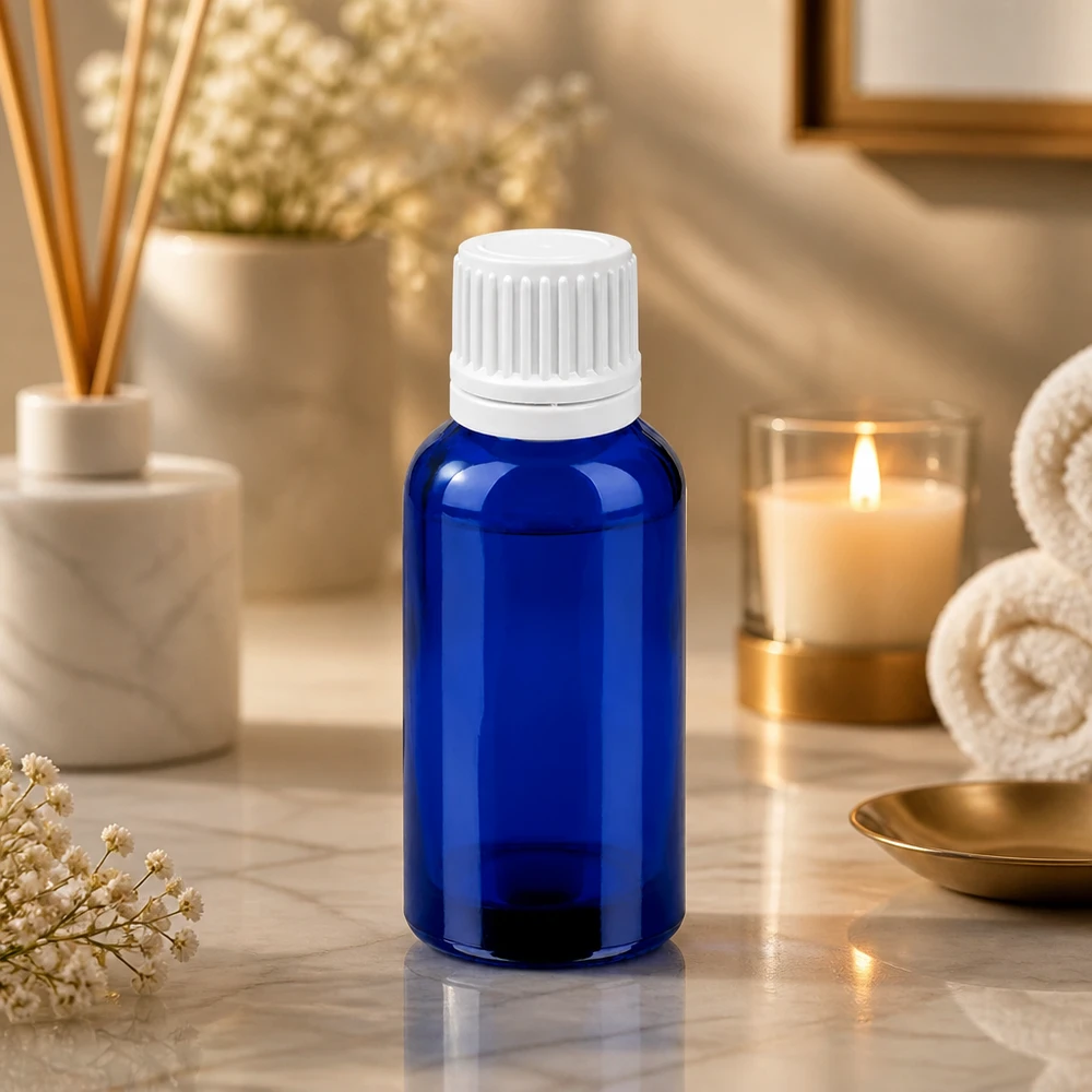 30 ml blå droppflaska med vitt lock för eteriska oljor och aromaterapi