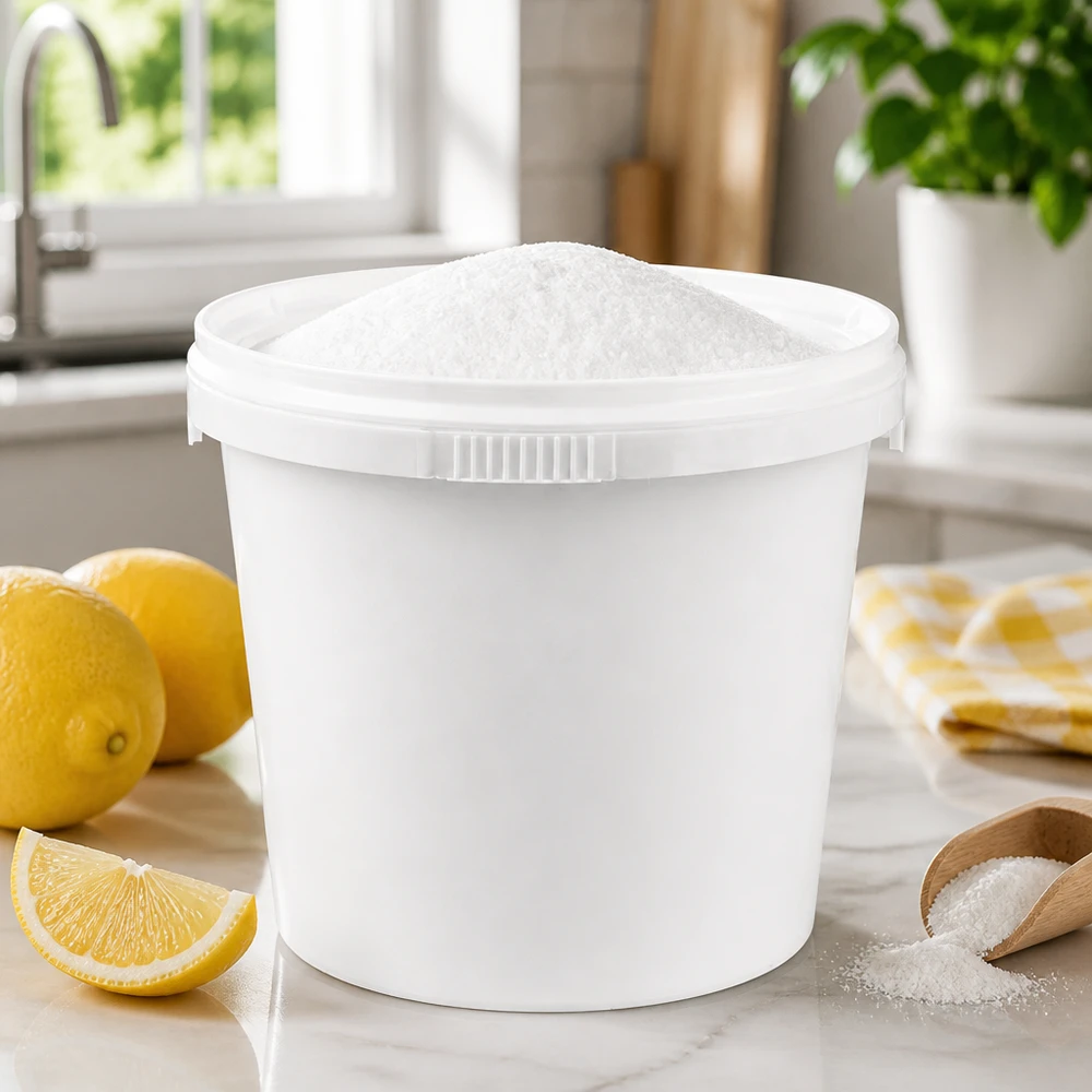 1 liters vit plasthink av polypropylen med lock Liten vit hink på 1 liter av PP-plast med lock, fylld med vitt pulver