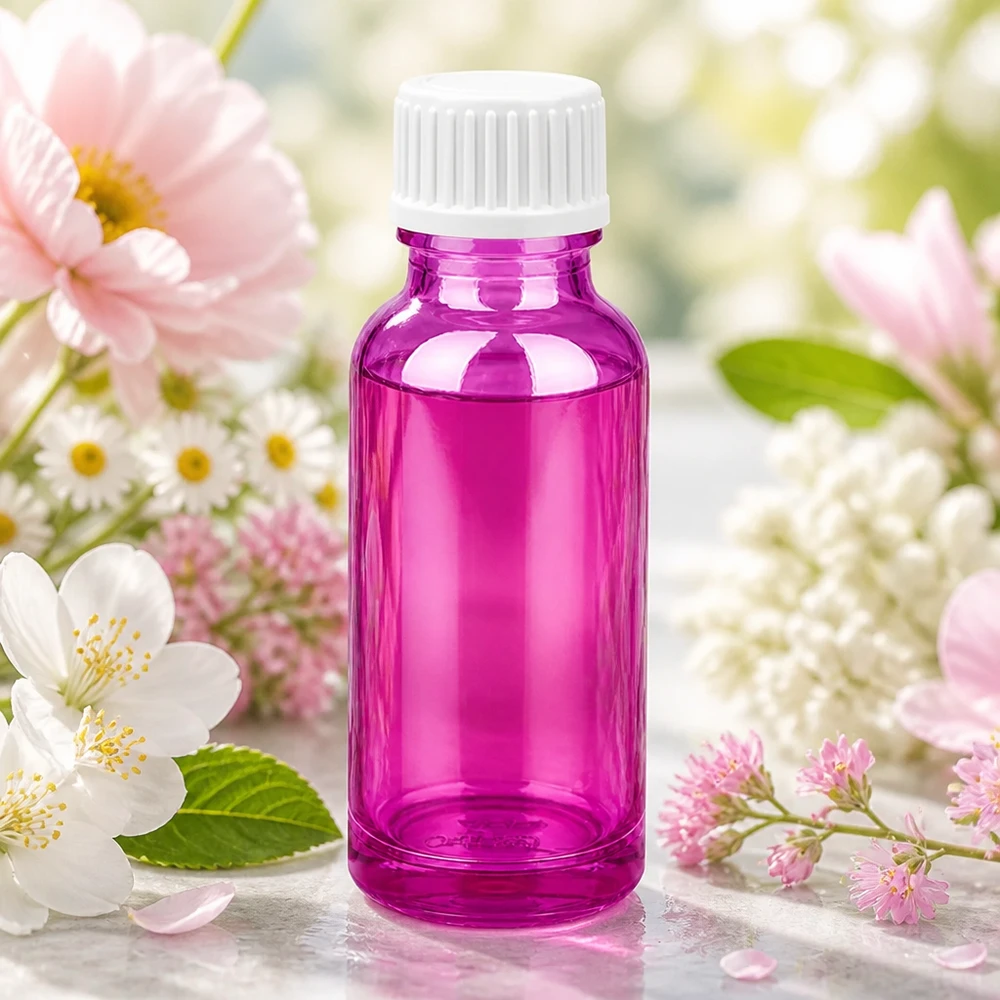 Lila droppflaska 20 ml med vitt skruvlock för aromaterapi och naturkosmetik