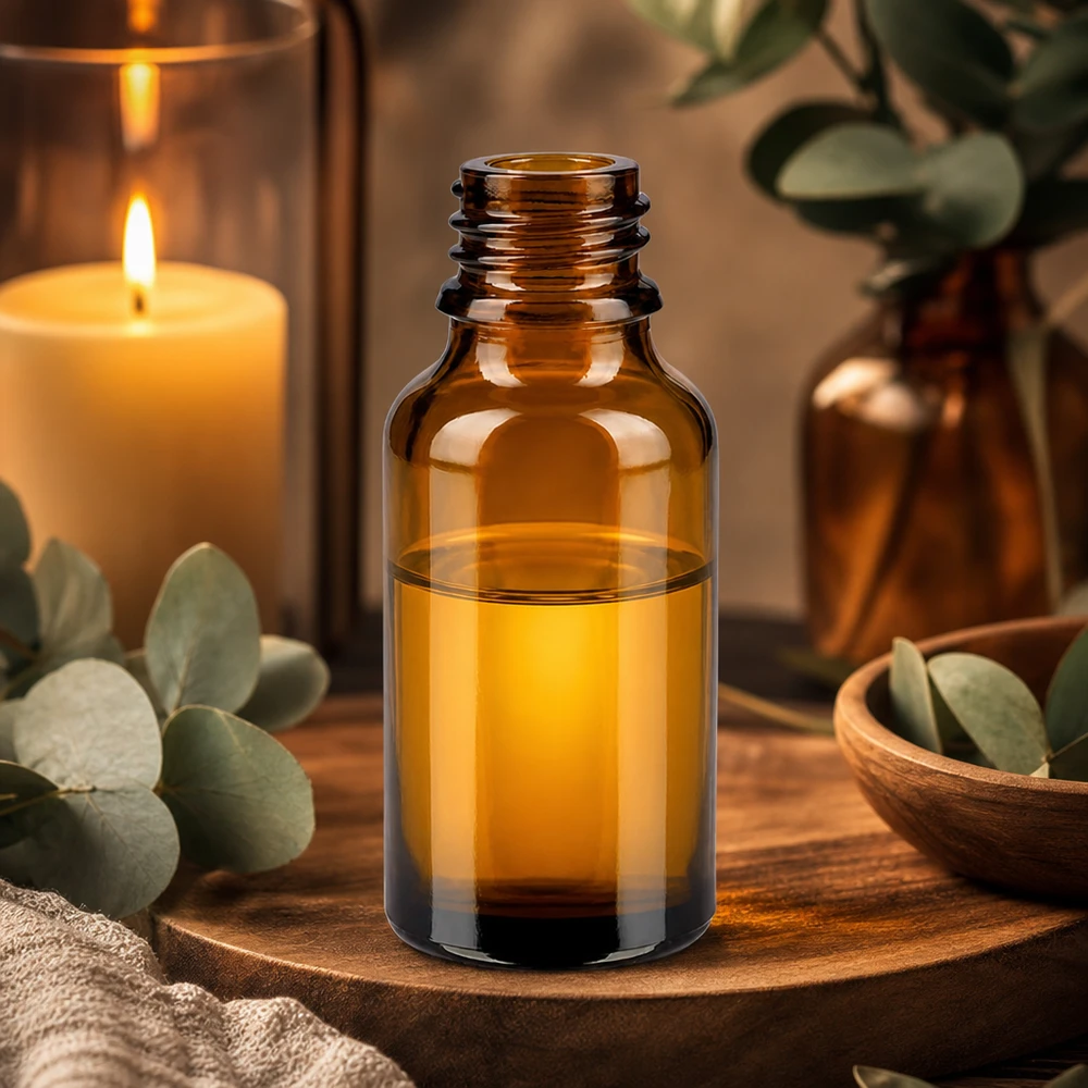 Droppflaska 30 ml DIN 18 bärnstensfärgat glas LOW SHAPE 30 ml ApoGlas bärnstensfärgad glasflaska utan lock på träskiva med eukalyptus och stearinljus i aromaterapeutisk atmosfär
