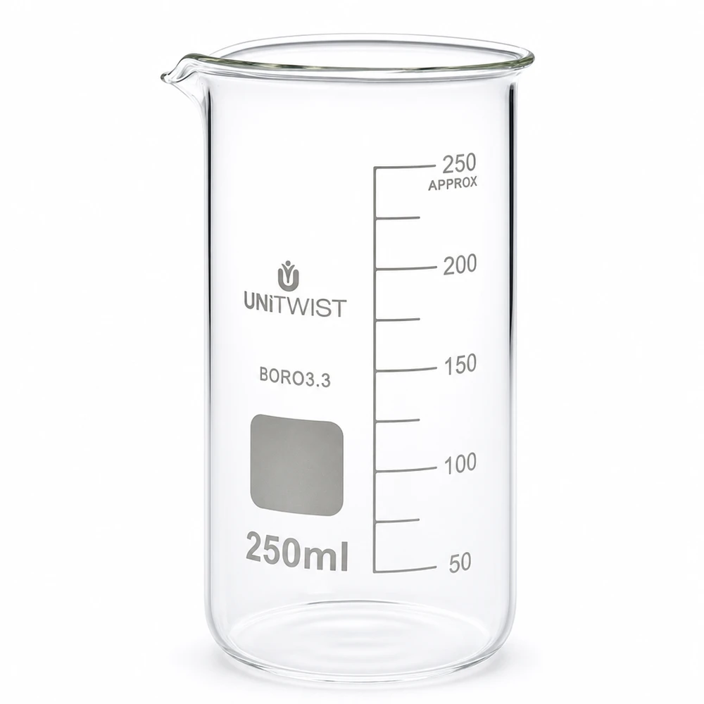 250 ml högt bägarglas av borosilikatglas från UNITWIST med milliliterskala
