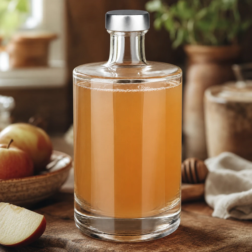500 ml glasflaska Sam fylld med äppeljuice bredvid äpplen och honung naturligt kök varmt träutseende