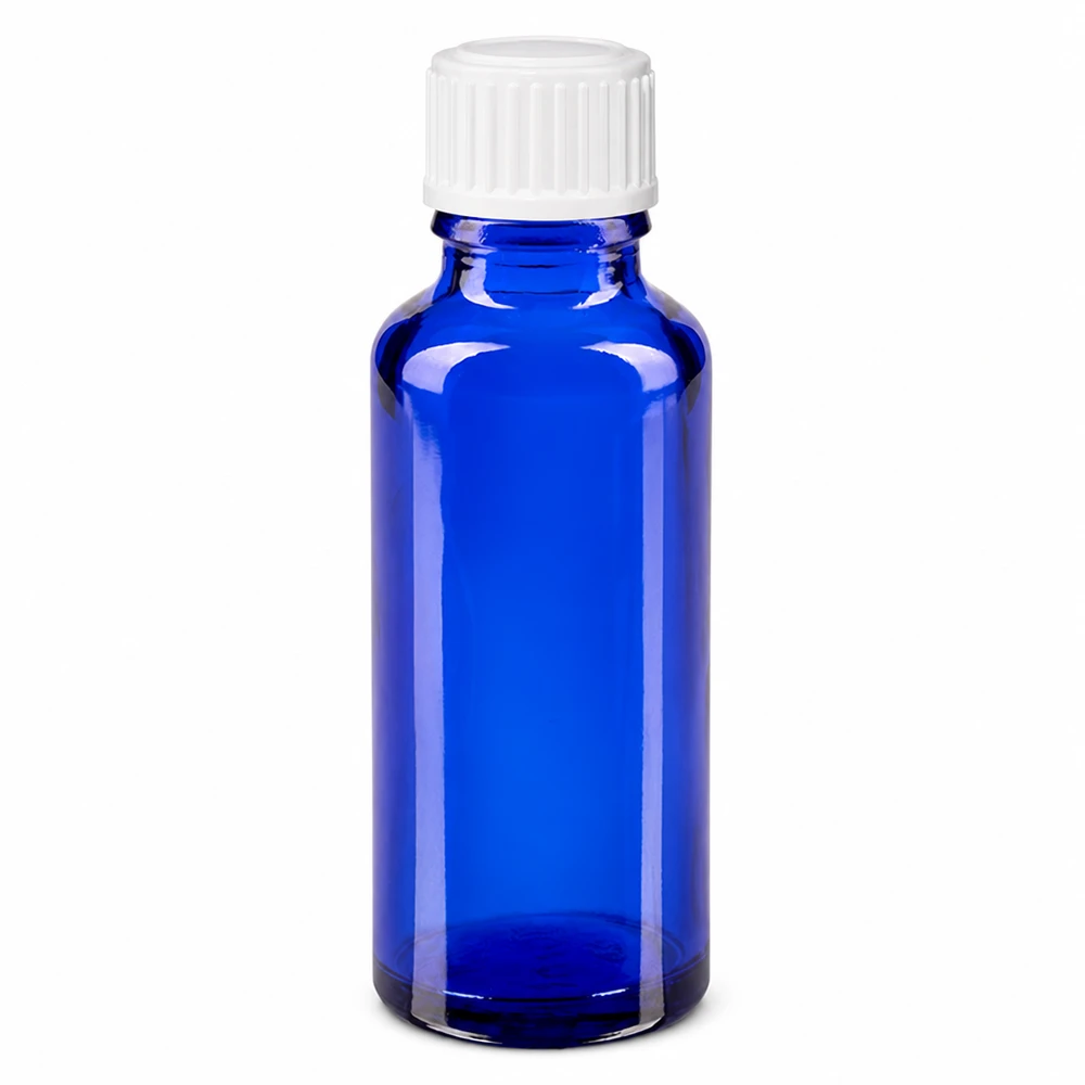 Apoteksflaska blå 30ml skruvkork vit standard 30 ml blå apotekarflaska i glas med vitt skruvlock, 11 mm