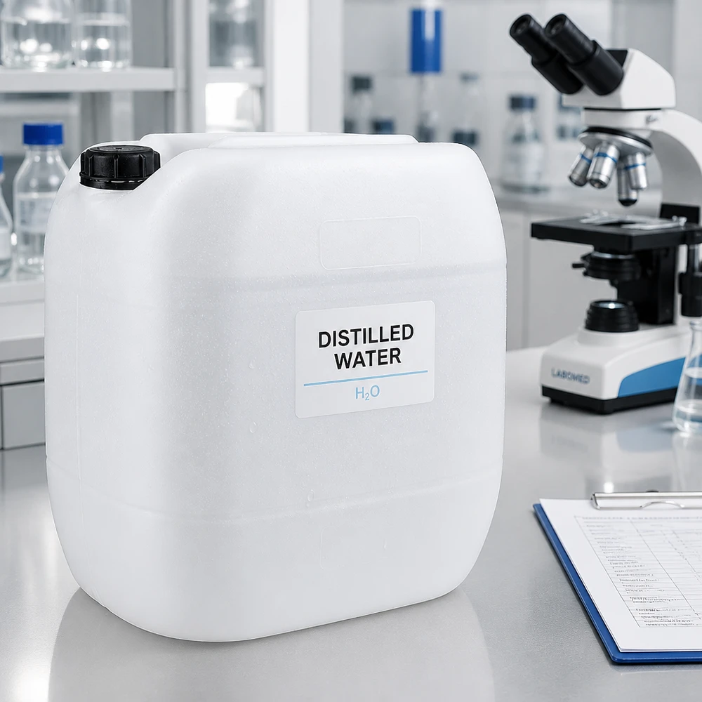 30 liters dunk med skruvlock som är försett med sabotageskydd Destillerat vatten (H₂O) i 30-litersdunkar med skruvlock i laboratoriet