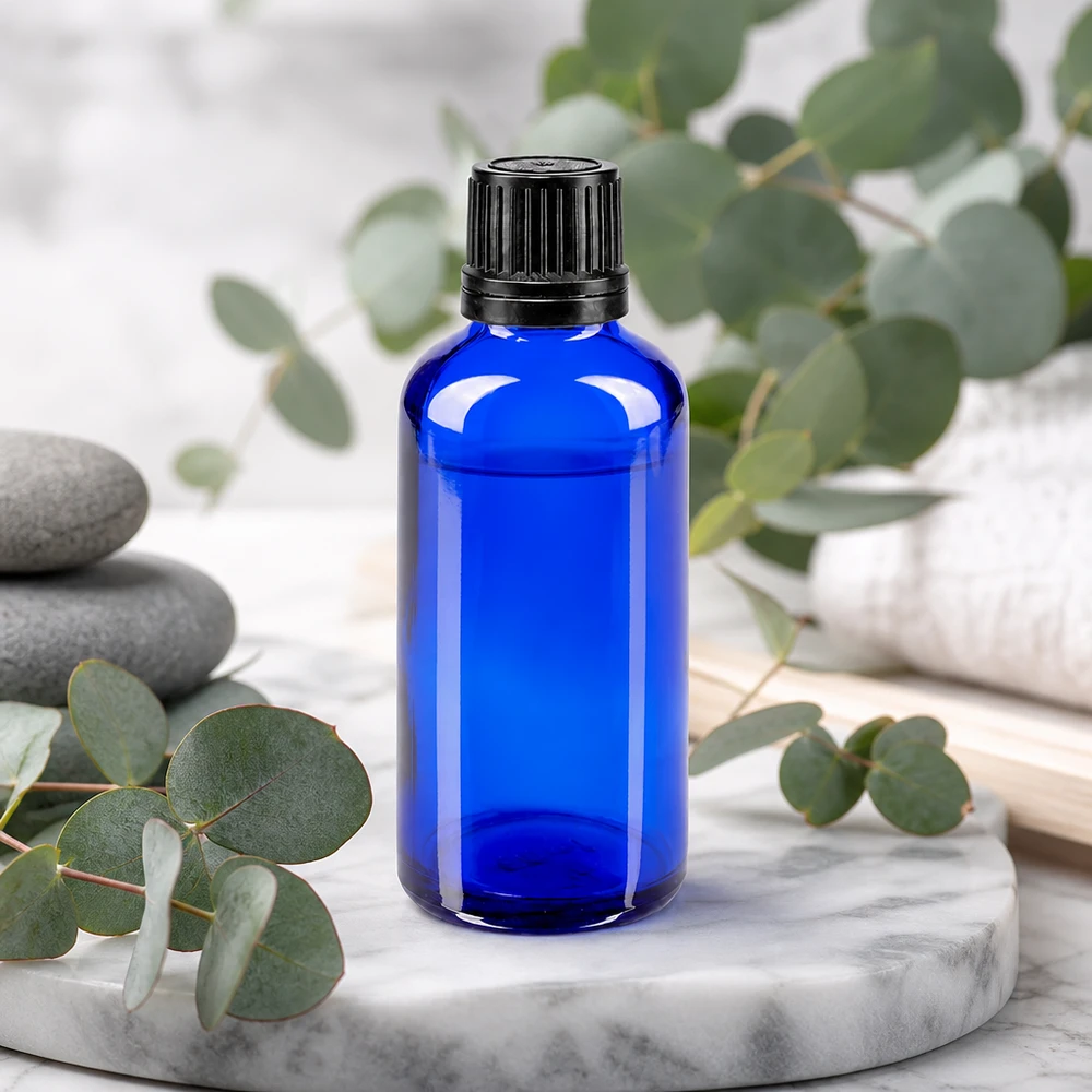 Apoteksflaska blå 50ml skruvkork svart hällring manipuleringssäker förslutning Koboltblå apotekarflaska på 50 ml med svart OV-lock på marmor med eukalyptus