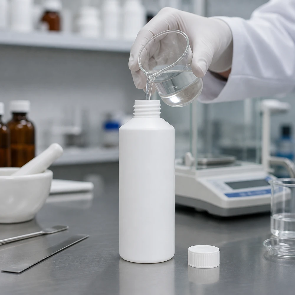 Apoteksflaska HDPE 100ml vit, utan lock Laboratorieteknikern fyller en vit HDPE-apotekflaska på 100 ml med en klar vätska från ett bägarglas