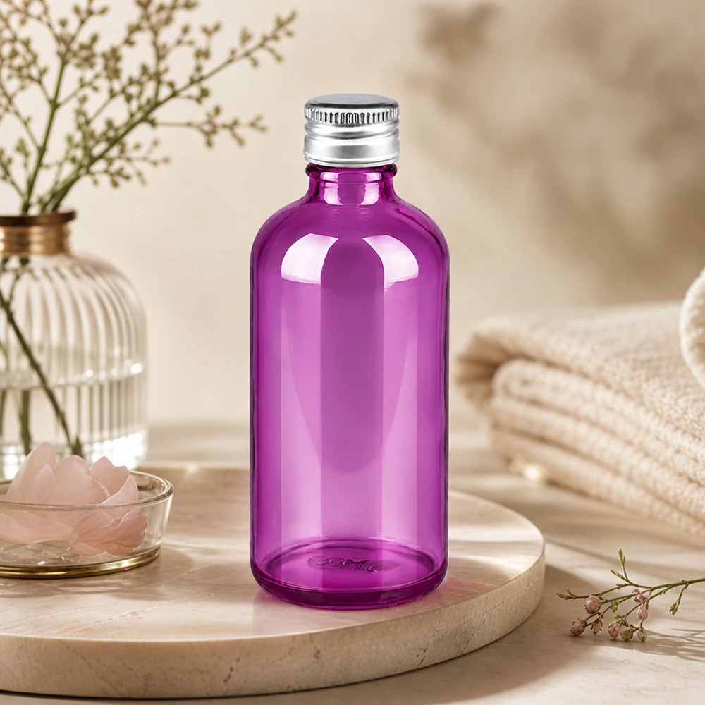 Elegant 100 ml violett glasflaska med silverlock för DIY-kosmetika och naturprodukter