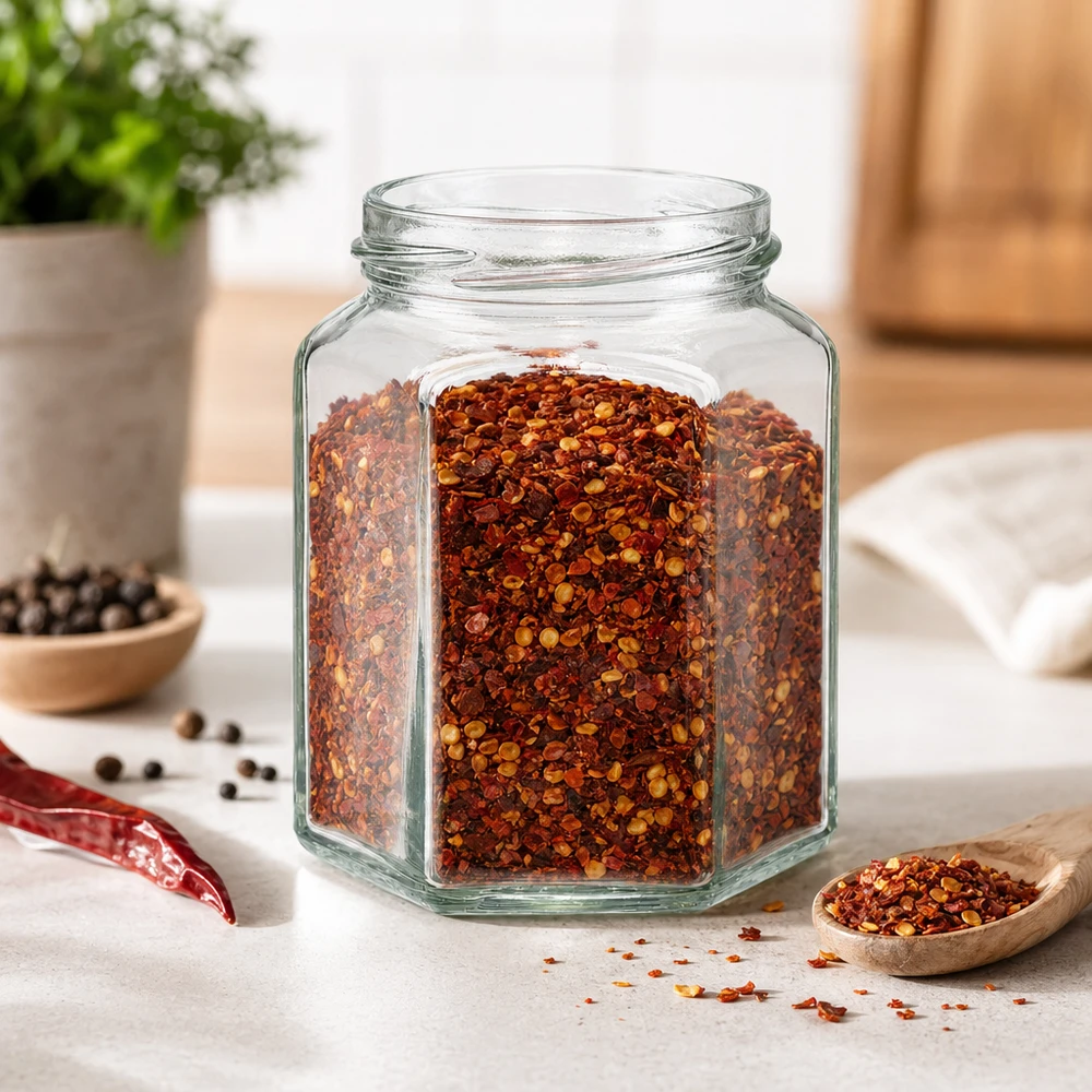 288ml hexa burk utan lock (TO63) UNiTWIST UNiTWIST Hexa288 sexkantig glasburk 288ml fylld med chiliflakes i modernt kök