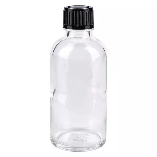 Apoteksflaska klar 50ml skruvlock svart standard Apoteksflaska klar 50ml skruvlock svart standard