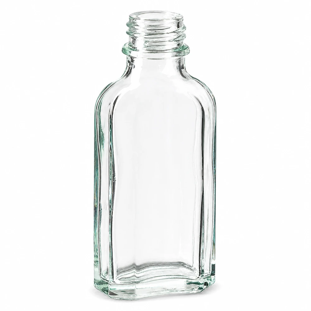 50 ml genomskinlig glasflaska med platt botten och DIN22-gänga för vätskor