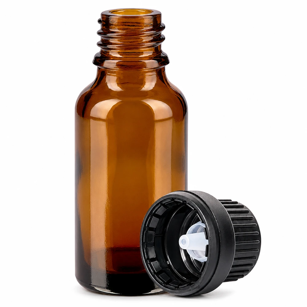 10ml Droppflaska 2mm svart med säkerhetsförslutning BrownLine UT18/10 Brun glasflaska 10 ml med 2 mm droppinsats och svart skruvlock för aromaterapi