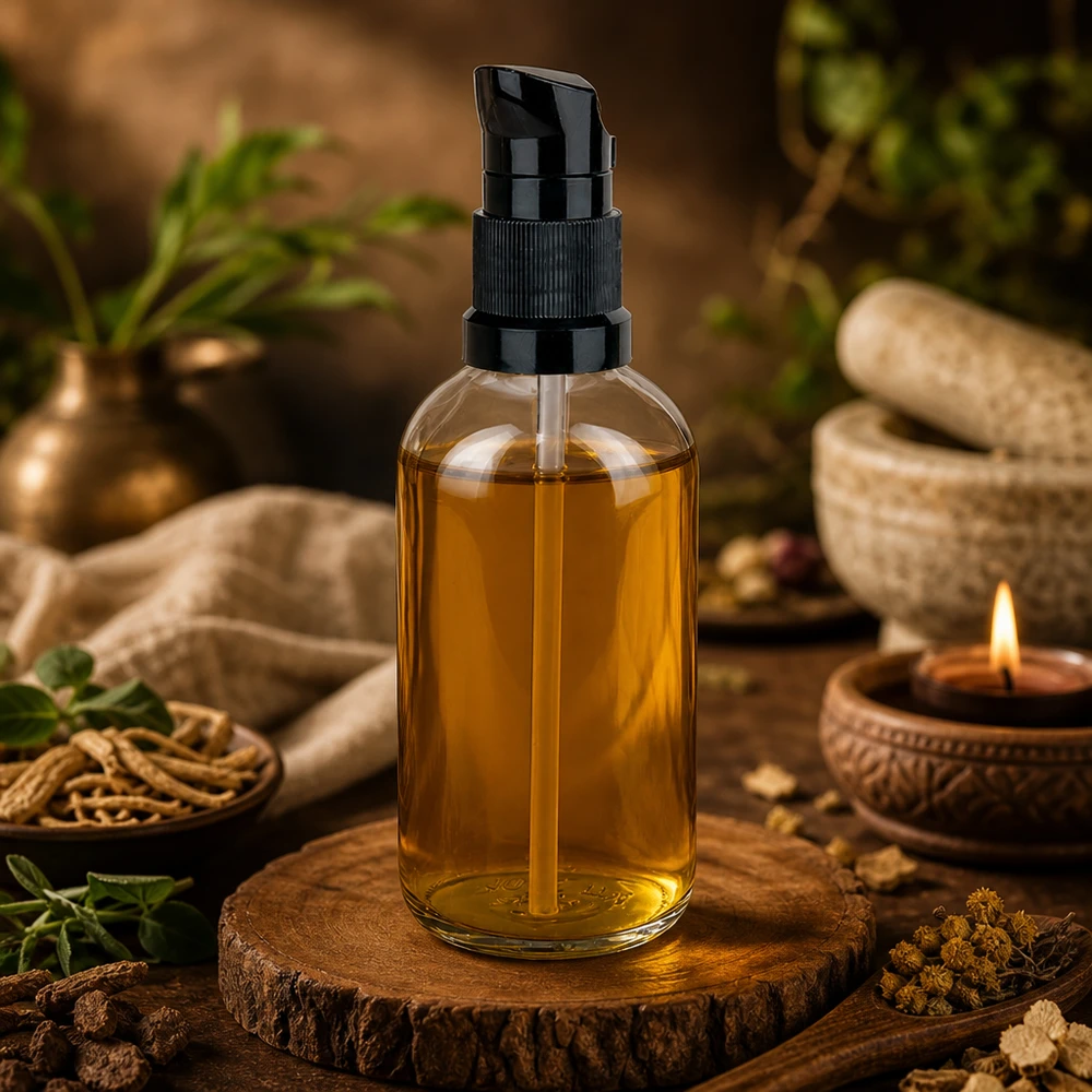 Genomskinlig 100 ml-pumpflaska med svart pump, bärnstensfärgad olja, träunderlägg, ayurvedisk stämning