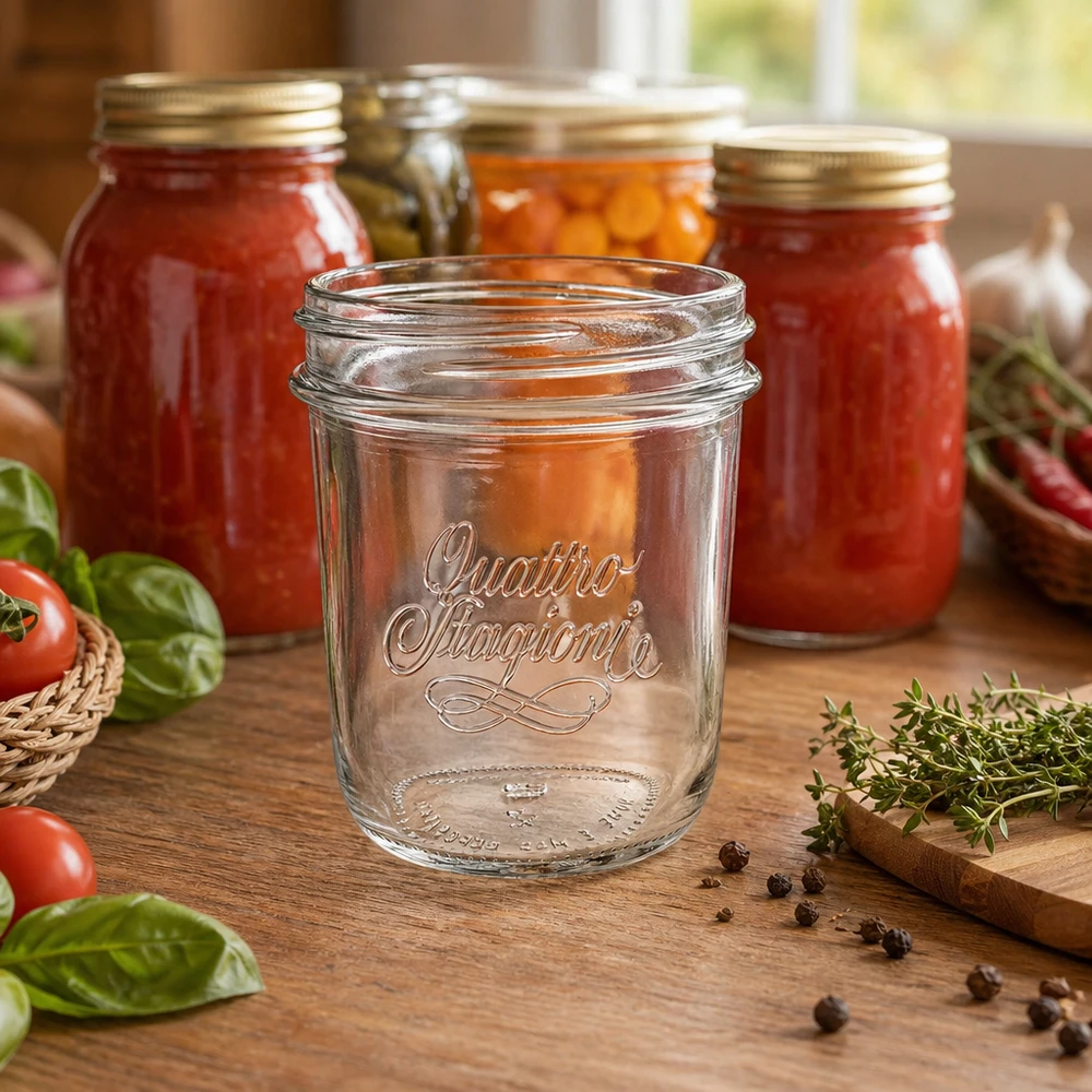 320 ml Quattro Stagioni tumblers med QS86mm-gänga på träbord framför konserveringsburkar med tomater och örter